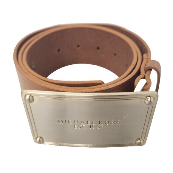 Vintage Michael Michael Kors Mens Wide Leather Belt Medium Tan Metal Logo Buckle